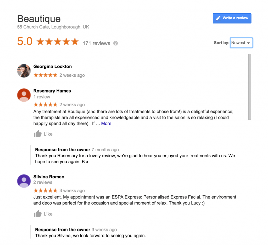Beautique Loughborough Ltd, Google reviews