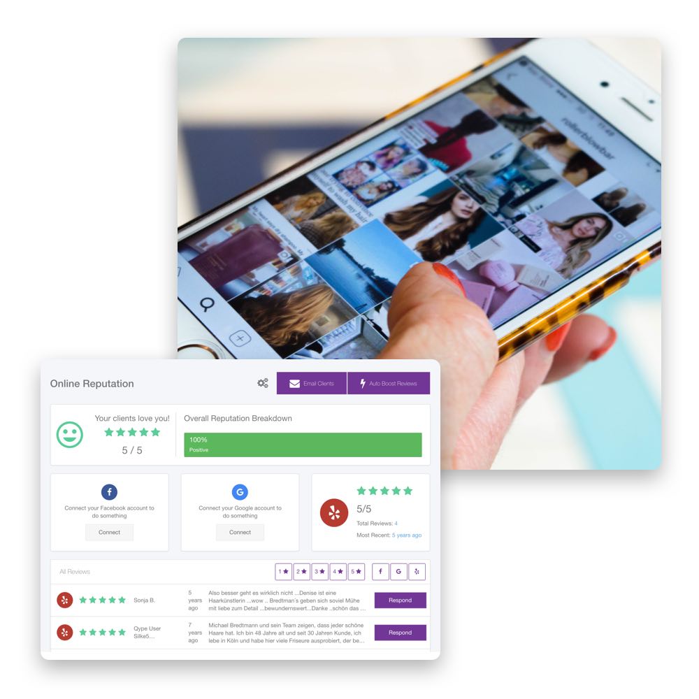 Mit den Online-Reputation-Manager ganz einfach deine Kund:innen um Feedback bitten und deine Online-Präsenz mit 5-Sterne-Bewertungen boosten.