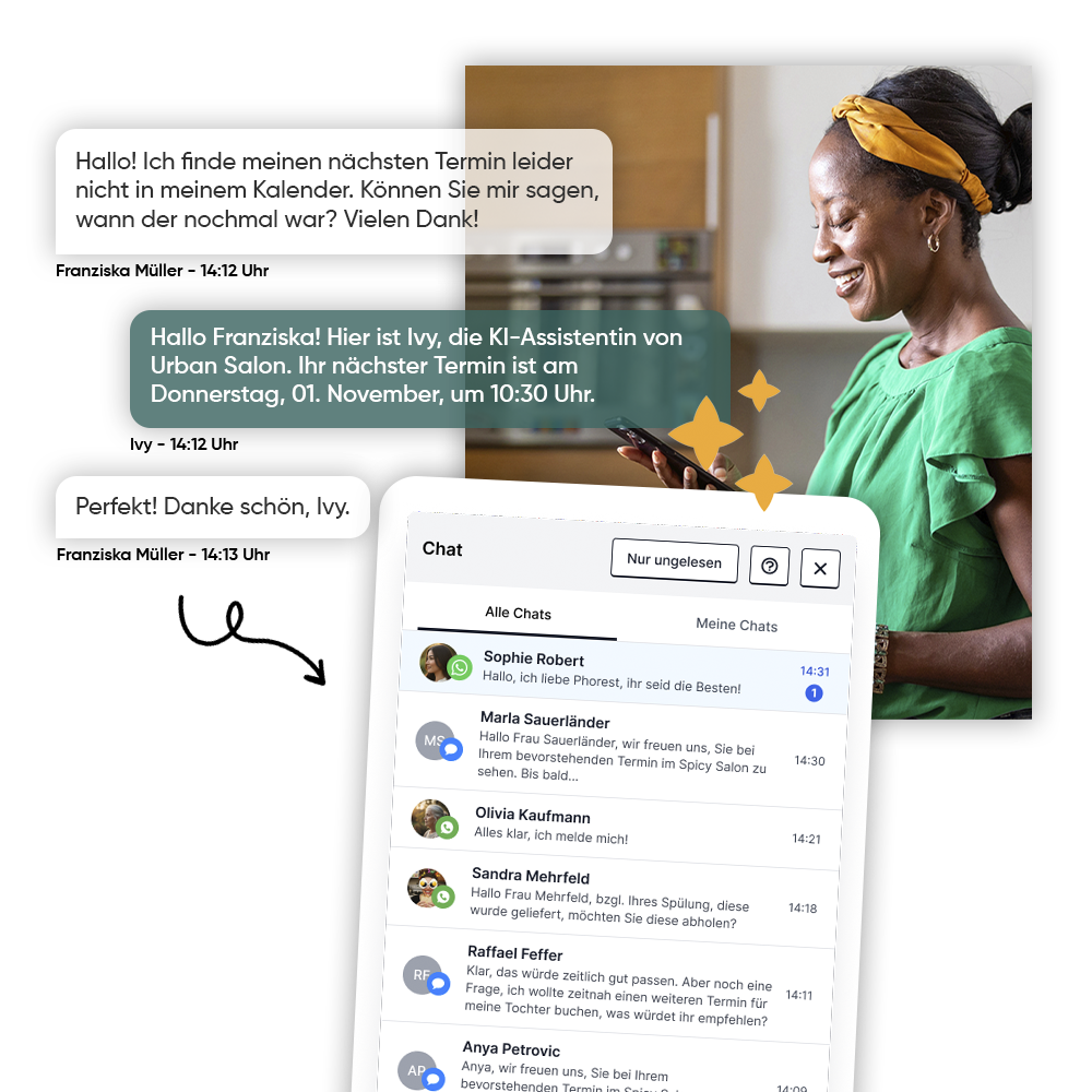 Konversation über Front Desk AI mit Ivy, der KI-Rezeptions-Assistenz. Im Hintergrund eine lächelnde schwarze Frau mit Handy.