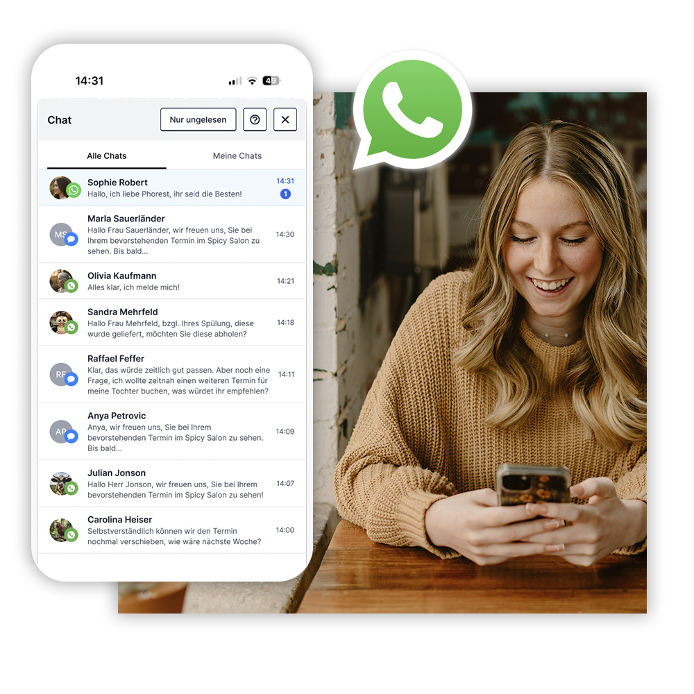 Handy mit WhatsApp-Konversationen und blonde Frau mit Handy in der Hand